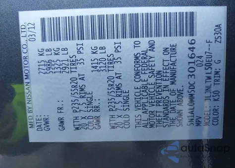 2013 Infiniti Jx35 from USA, damaged, VIN 5N1AL0MM5DC301646